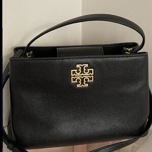 Tory Burch Black Leather Shoulder Bag with Gold Logo